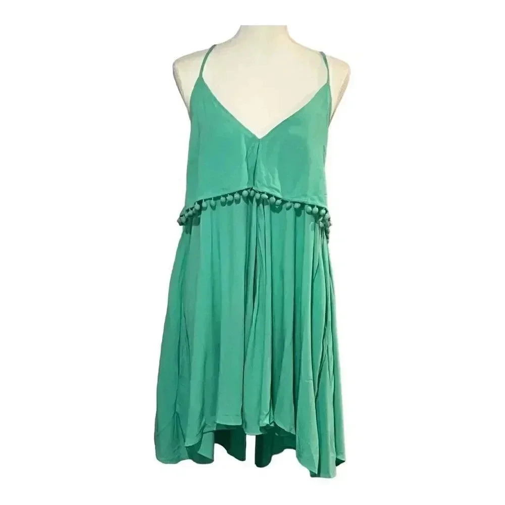 Loveriche size L NWT aqua green tank dress w/spaghetti straps and Pom-Pom trim - Picture 1 of 10